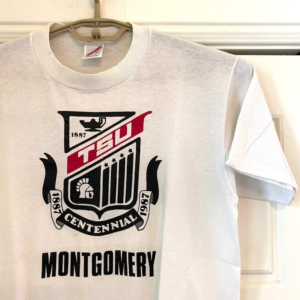 VTG TSU Montgomery Centennial 80s Tee T-Shirt USA Fits Medium STAINS Paper Thin‎